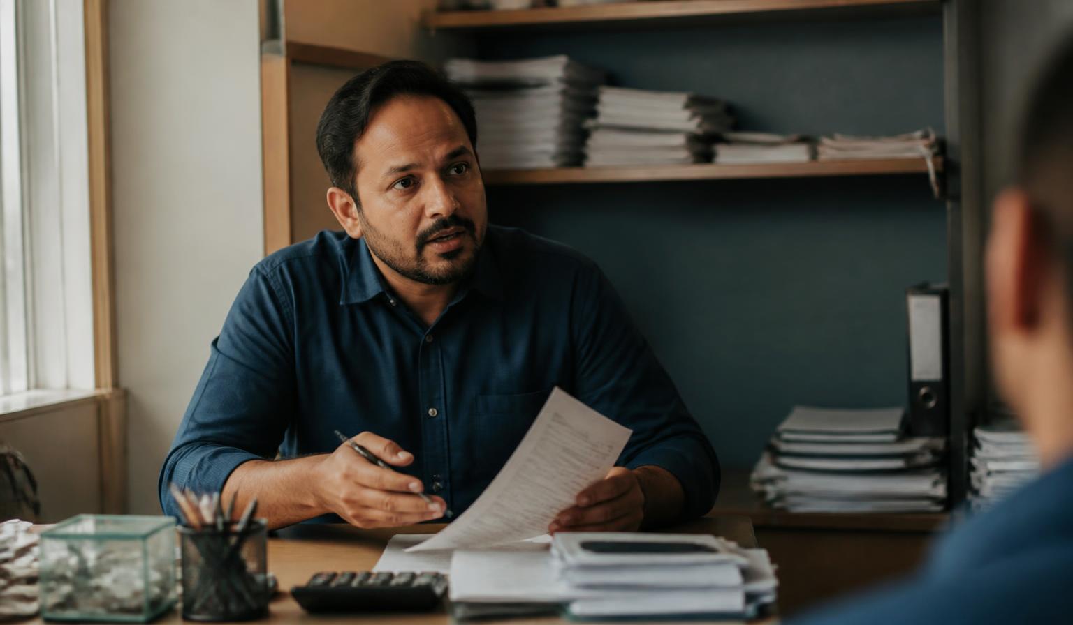 A tax consultant reviewing a document with a client