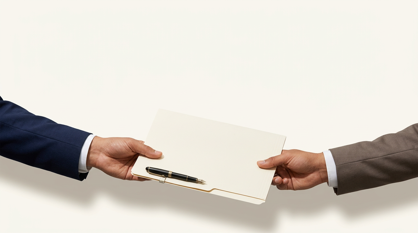 Two professionals passing a tax file across a desk