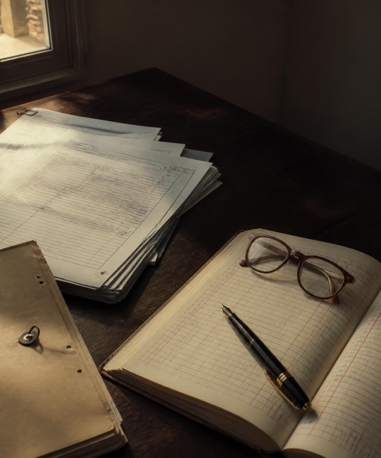An orderly ledger and tax documents in afternoon light